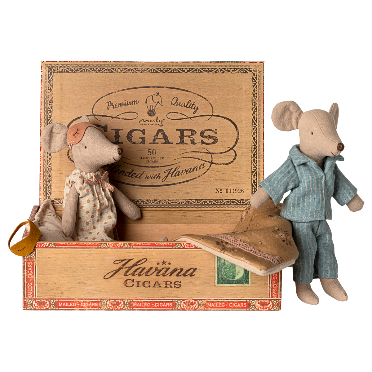 Maileg Mum and Dad Mice in Cigarbox sat in box