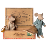 Maileg Mum and Dad Mice in Cigarbox sat in box