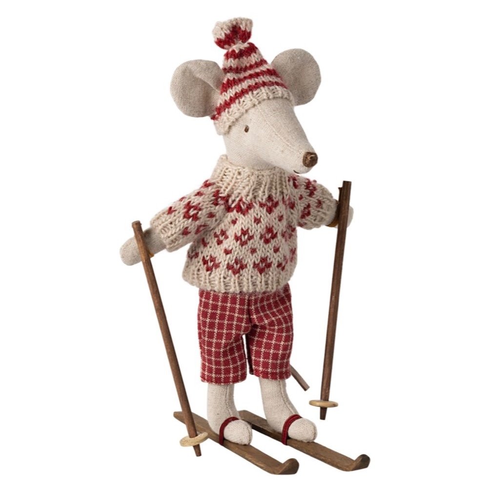 Maileg Winter Mouse with Ski Set, Mum - Red