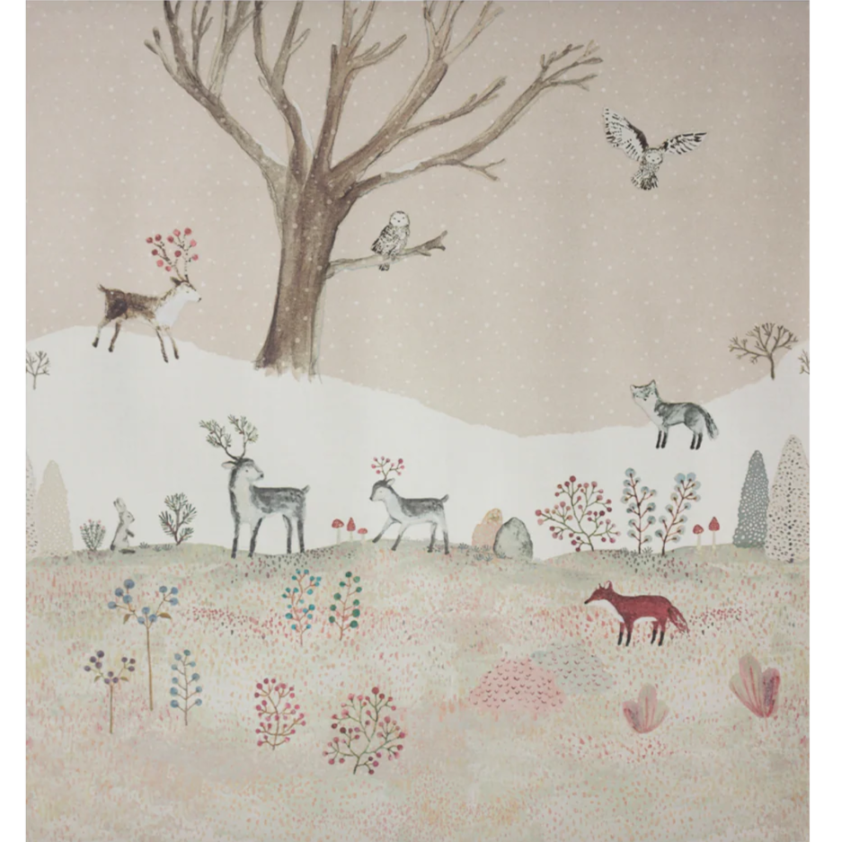Maileg illustration of animals in a snowy landscape with trees and flowers.