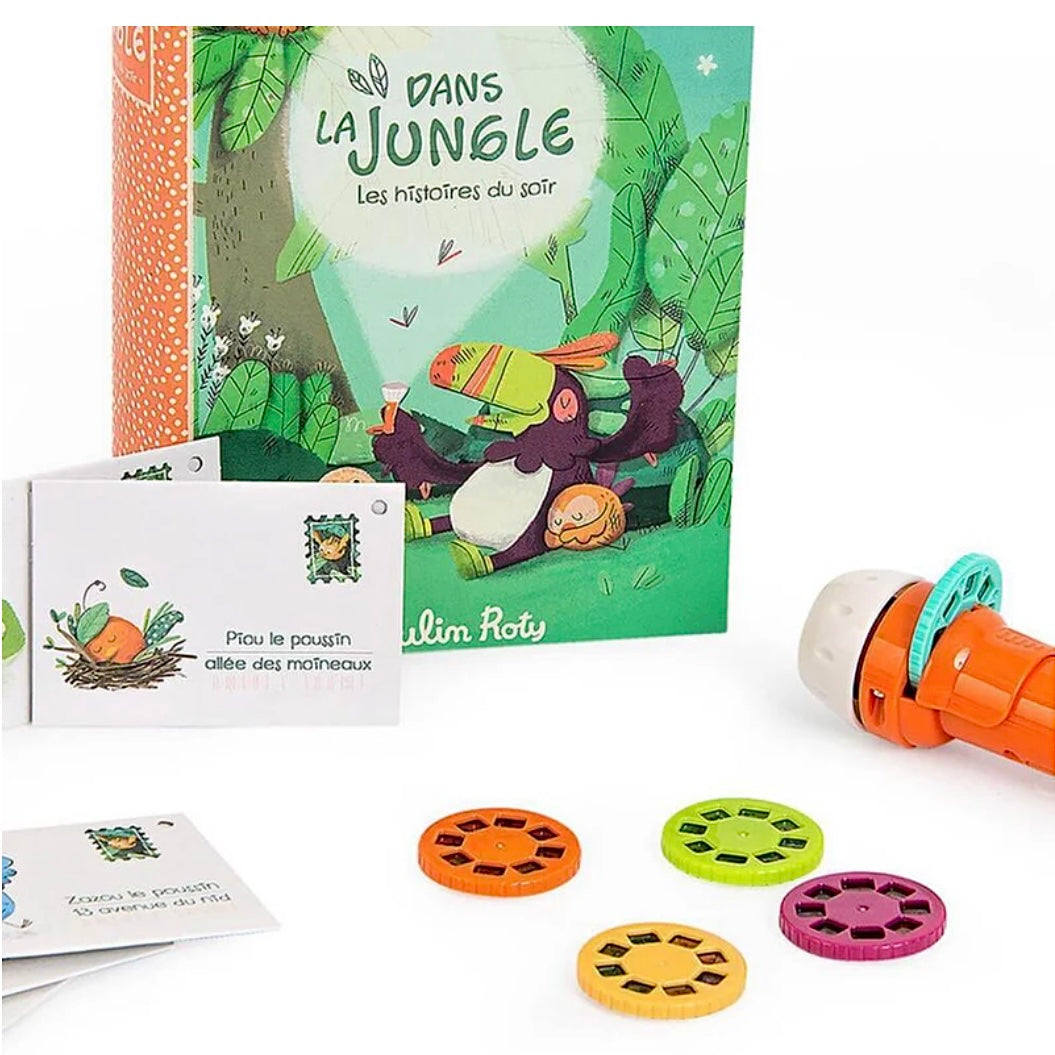 Moulin Roty Children's book titled 'Dans la Jungle' with storybook flashlight and cards