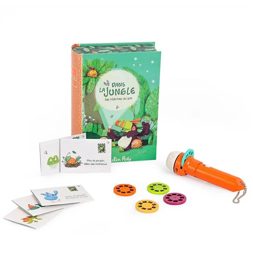 Moulin roty Children's book titled 'Dans la Jungle' with storybook flashlight and cards